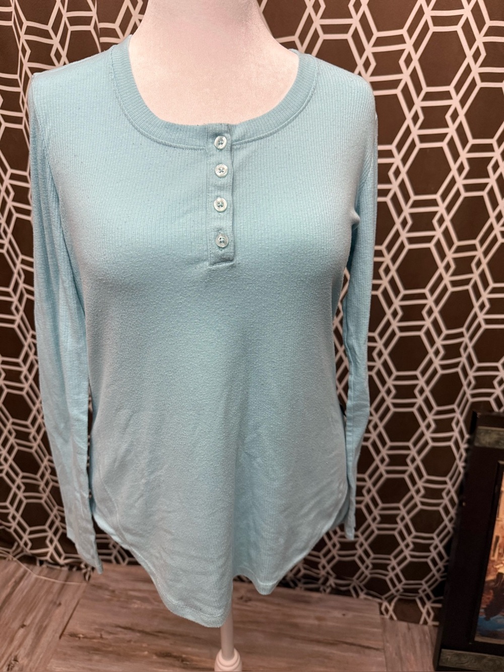 Eddie Bauer Pajama Top Women M Rib Knit Solid Blue Long Sleeve Henley Button